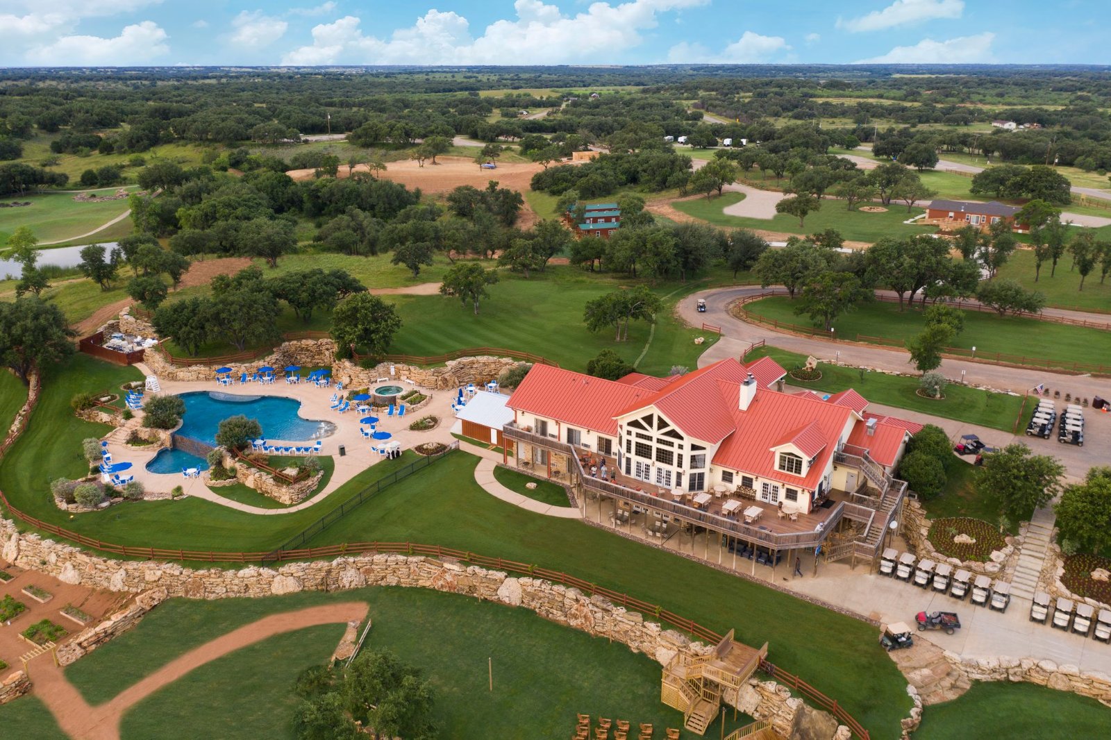 Aerial view of the lodge and pool at The Hideout Golf Club & Resort on Lake Brownwood